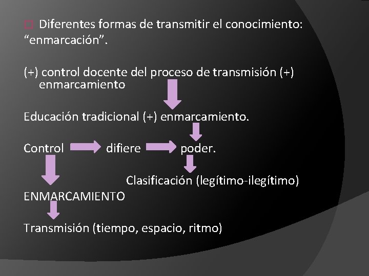 Diferentes formas de transmitir el conocimiento: “enmarcación”. � (+) control docente del proceso de