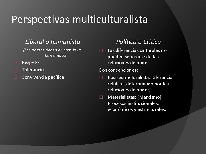 Perspectivas multiculturalista Liberal o humanista (Los grupos tienen en común la humanidad) Respeto �