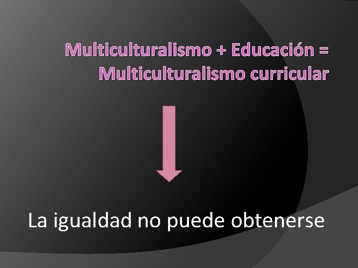 Multiculturalismo + Educación = Multiculturalismo curricular La igualdad no puede obtenerse 