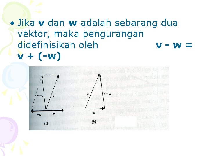  • Jika v dan w adalah sebarang dua vektor, maka pengurangan didefinisikan oleh