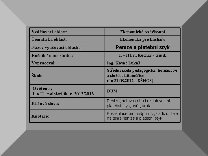 Vzdělávací oblast: Ekonomické vzdělávání Tematická oblast: Ekonomika pro kuchaře Název vyučovací oblasti: Peníze a