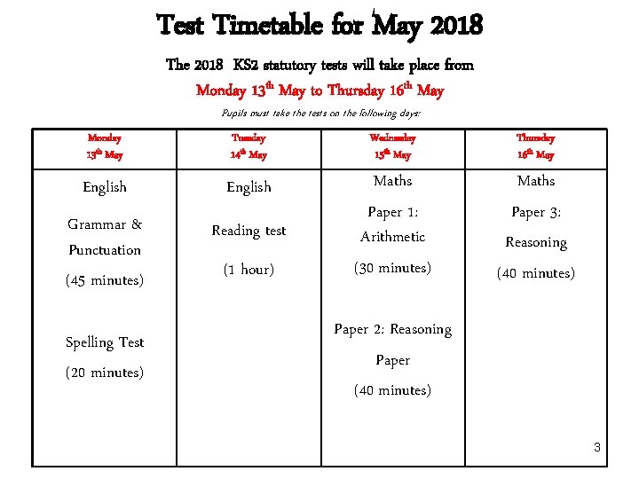 Test Timetable for May 2018 The 2018 KS 2 statutory tests will take place