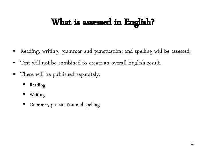 What is assessed in English? • Reading, writing, grammar and punctuation; and spelling will