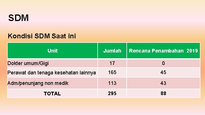 SDM Kondisi SDM Saat ini Unit Jumlah Rencana Penambahan 2019 Dokter umum/Gigi 17 0