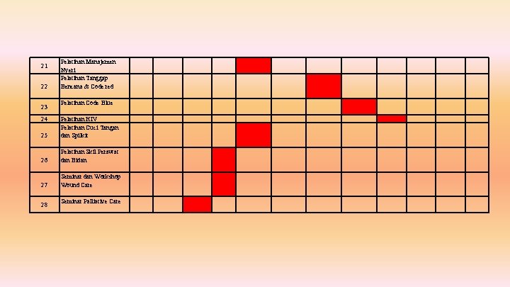 21 22 23 24 Pelatihan Manajemen Nyeri Pelatihan Tanggap Bencana & Code red Pelatihan