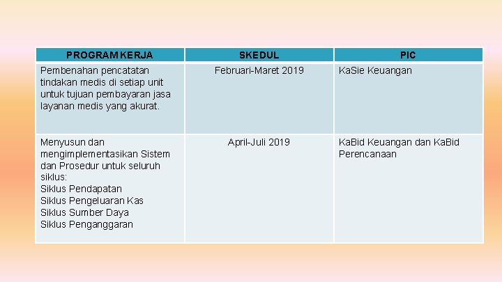 PROGRAM KERJA SKEDUL Pembenahan pencatatan tindakan medis di setiap unit untuk tujuan pembayaran jasa