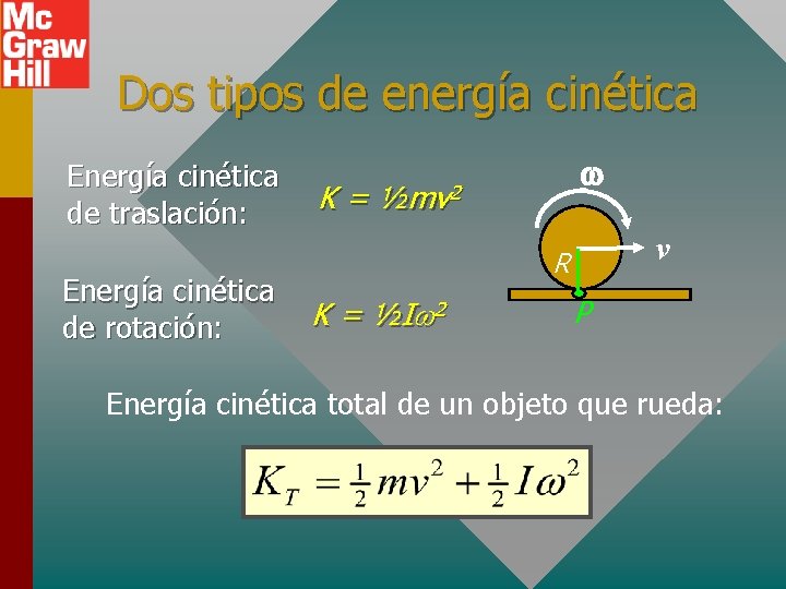Dos tipos de energía cinética Energía cinética de traslación: Energía cinética de rotación: K= Dos tipos de energía cinética Energía cinética de traslación: Energía cinética de rotación: K=