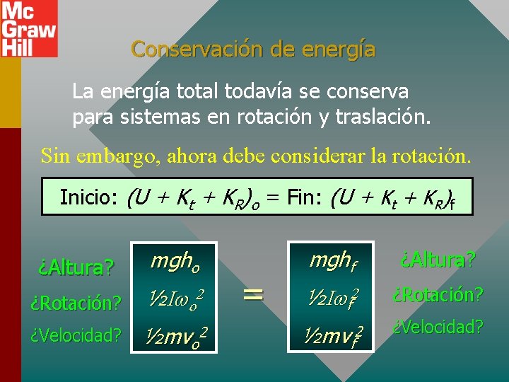 Conservación de energía La energía total todavía se conserva para sistemas en rotación y Conservación de energía La energía total todavía se conserva para sistemas en rotación y
