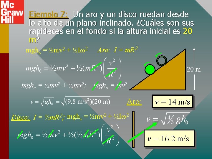 Ejemplo 7: Un aro y un disco ruedan desde lo alto de un plano Ejemplo 7: Un aro y un disco ruedan desde lo alto de un plano