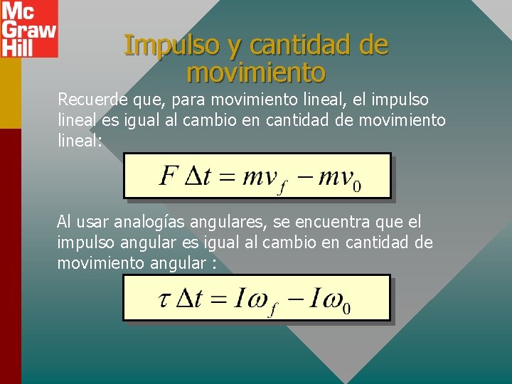 Impulso y cantidad de movimiento Recuerde que, para movimiento lineal, el impulso lineal es Impulso y cantidad de movimiento Recuerde que, para movimiento lineal, el impulso lineal es