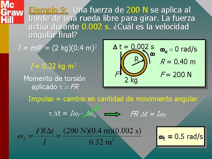 Ejemplo 9: Una fuerza de 200 N se aplica al borde de una rueda Ejemplo 9: Una fuerza de 200 N se aplica al borde de una rueda