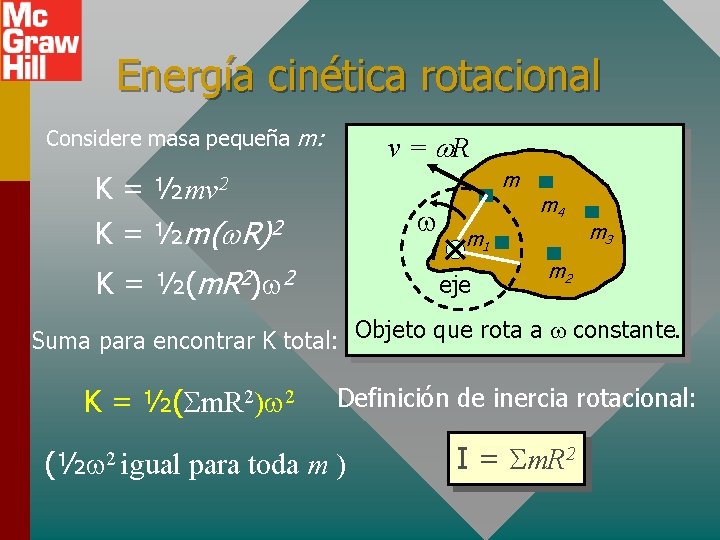 Energía cinética rotacional Considere masa pequeña m: v = R m K = ½mv Energía cinética rotacional Considere masa pequeña m: v = R m K = ½mv