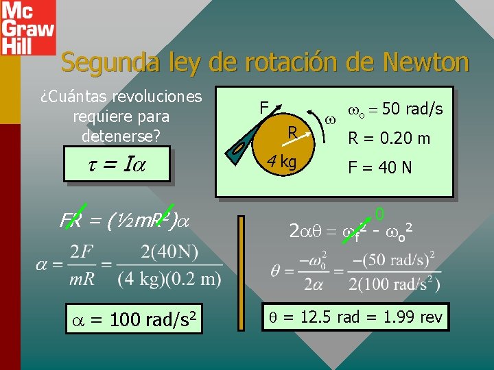 Segunda ley de rotación de Newton ¿Cuántas revoluciones requiere para detenerse? t = I Segunda ley de rotación de Newton ¿Cuántas revoluciones requiere para detenerse? t = I