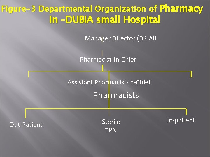 Figure-3 Departmental Organization of Pharmacy in –DUBIA small Hospital Manager Director (DR. Ali Pharmacist-In-Chief