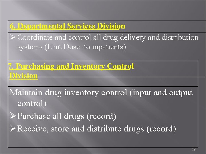 6. Departmental Services Division Coordinate and control all drug delivery and distribution systems (Unit