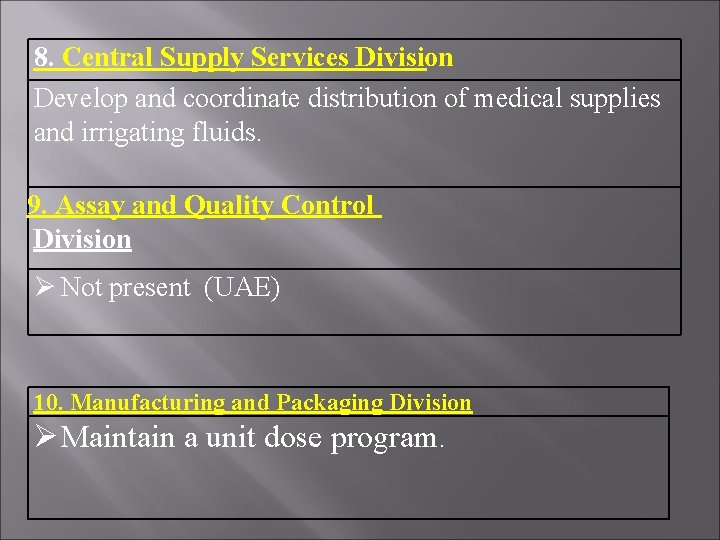 8. Central Supply Services Division Develop and coordinate distribution of medical supplies and irrigating