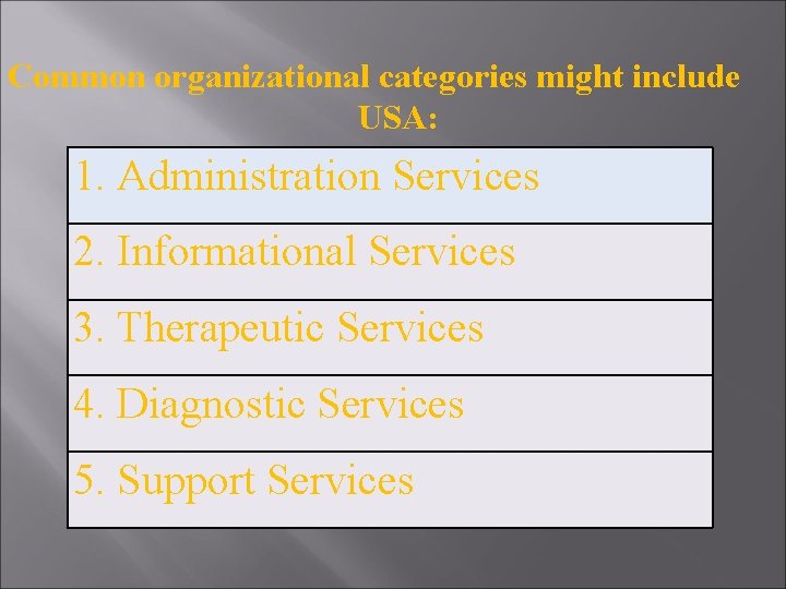 Common organizational categories might include USA: 1. Administration Services 2. Informational Services 3. Therapeutic