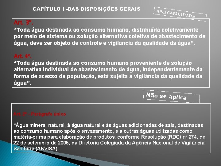 CAPÍTULO I -DAS DISPOSIÇÕES GERAIS APLICA BILIDA DE Art. 3º. “Toda água destinada ao