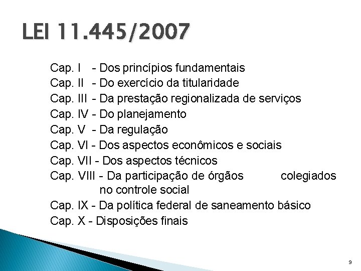 LEI 11. 445/2007 Cap. I - Dos princípios fundamentais Cap. II - Do exercício