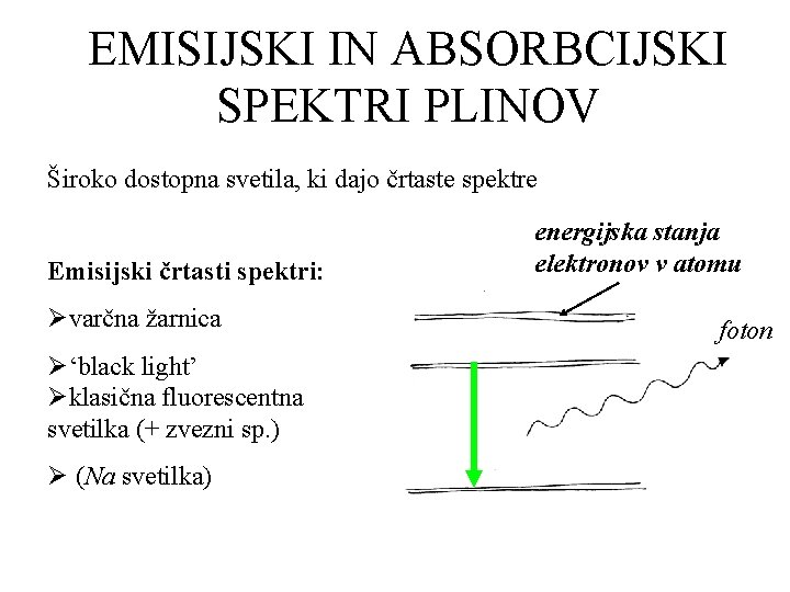 EMISIJSKI IN ABSORBCIJSKI SPEKTRI PLINOV Široko dostopna svetila, ki dajo črtaste spektre Emisijski črtasti