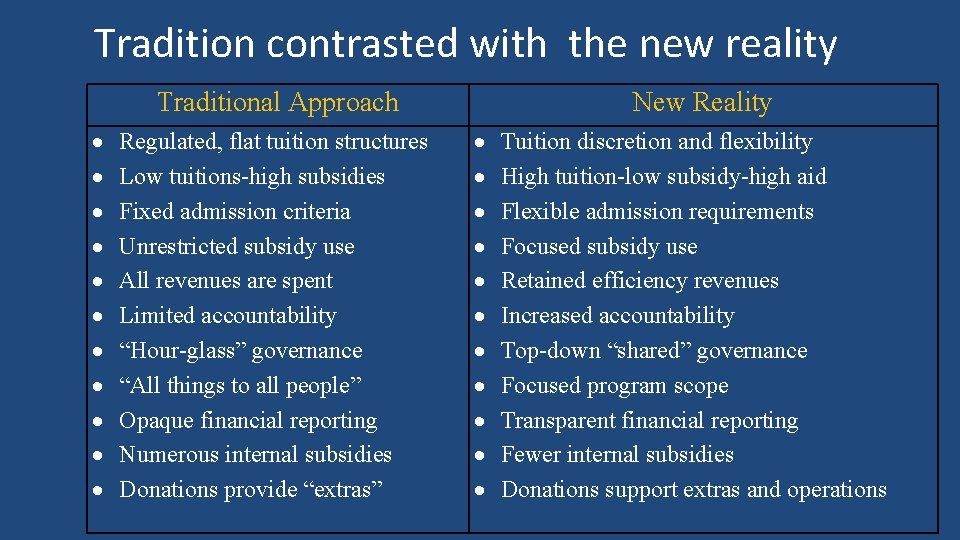 Tradition contrasted with the new reality Traditional Approach Regulated, flat tuition structures Low tuitions-high