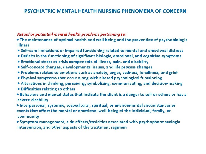 PSYCHIATRIC MENTAL HEALTH NURSING PHENOMENA OF CONCERN Actual or potential mental health problems pertaining