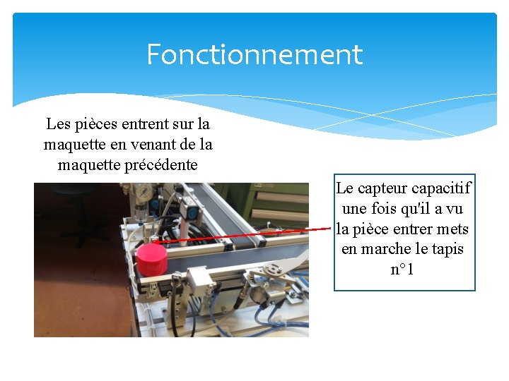 Fonctionnement Les pièces entrent sur la maquette en venant de la maquette précédente Le