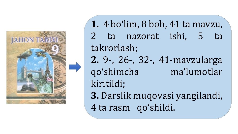 1. 4 bo‘lim, 8 bob, 41 ta mavzu, 2 ta nazorat ishi, 5 ta