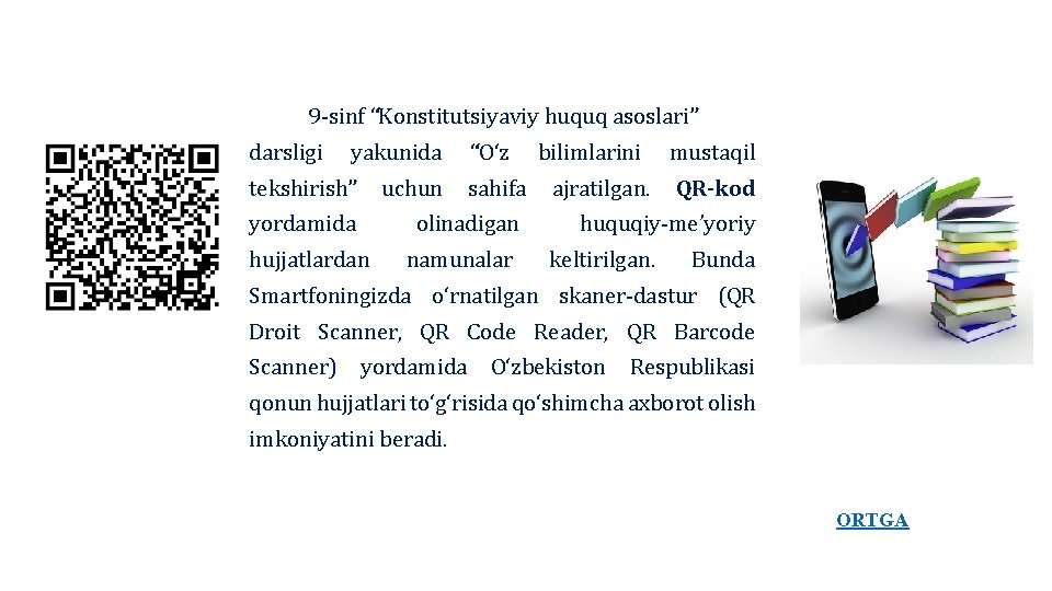 9 -sinf “Konstitutsiyaviy huquq asoslari” darsligi yakunida “O‘z bilimlarini mustaqil tekshirish” uchun sahifa ajratilgan. 9 -sinf “Konstitutsiyaviy huquq asoslari” darsligi yakunida “O‘z bilimlarini mustaqil tekshirish” uchun sahifa ajratilgan.