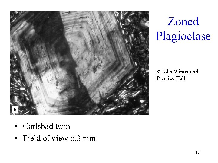 Zoned Plagioclase © John Winter and Prentice Hall. • Carlsbad twin • Field of