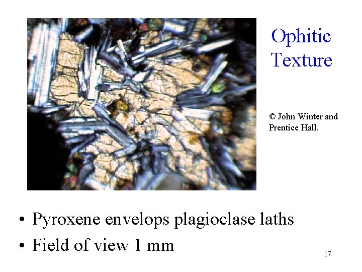 Ophitic Texture © John Winter and Prentice Hall. • Pyroxene envelops plagioclase laths •