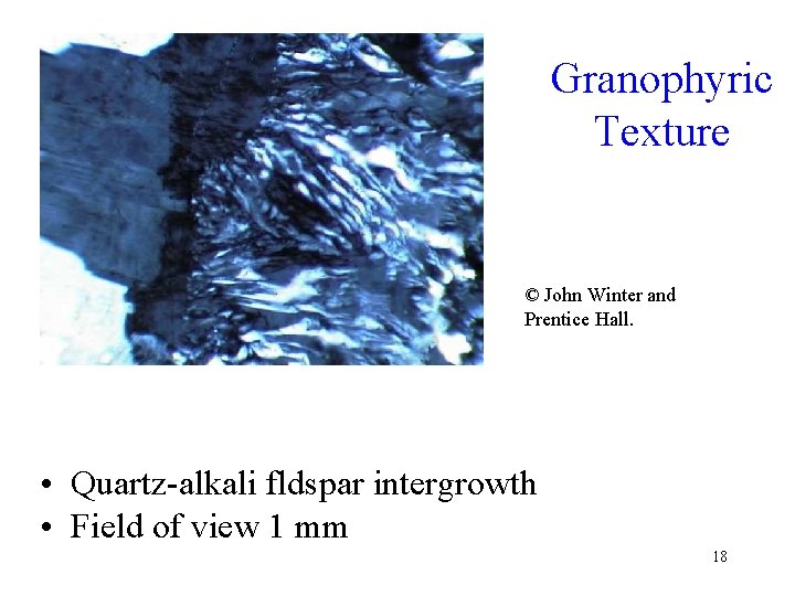 Granophyric Texture © John Winter and Prentice Hall. • Quartz-alkali fldspar intergrowth • Field