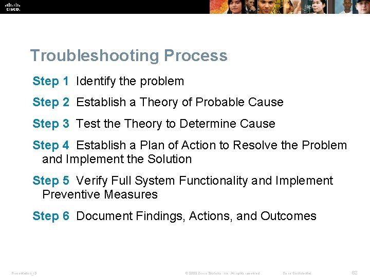 Troubleshooting Process Step 1 Identify the problem Step 2 Establish a Theory of Probable Troubleshooting Process Step 1 Identify the problem Step 2 Establish a Theory of Probable