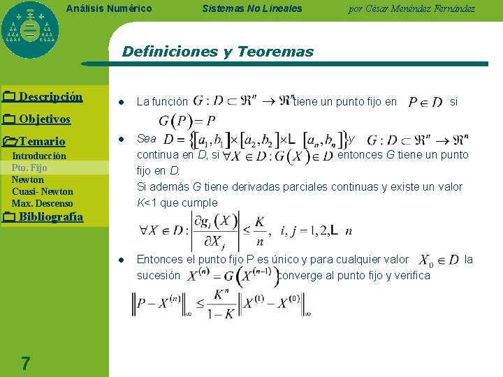 Análisis Numérico Sistemas No Lineales por César Menéndez Fernández Definiciones y Teoremas Descripción l