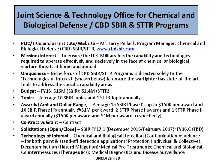 Joint Science & Technology Office for Chemical and Biological Defense / CBD SBIR &