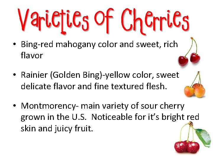  • Bing-red mahogany color and sweet, rich flavor • Rainier (Golden Bing)-yellow color,