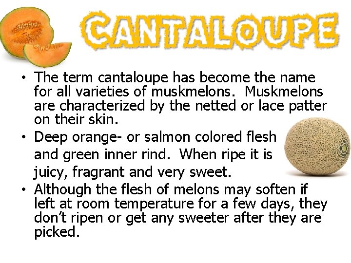  • The term cantaloupe has become the name for all varieties of muskmelons.