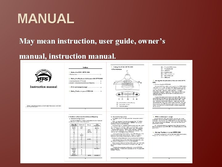 MANUAL May mean instruction, user guide, owner’s manual, instruction manual. 