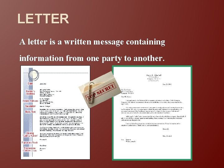 LETTER A letter is a written message containing information from one party to another.