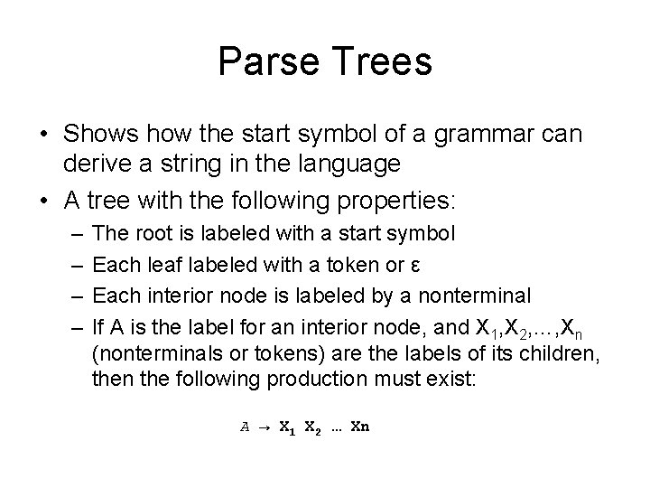 Parse Trees • Shows how the start symbol of a grammar can derive a