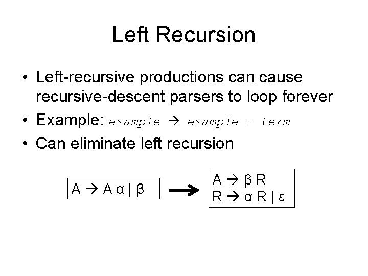 Left Recursion • Left-recursive productions can cause recursive-descent parsers to loop forever • Example: