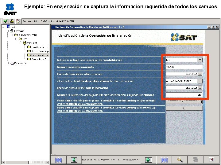 Ejemplo: En enajenación se captura la información requerida de todos los campos 