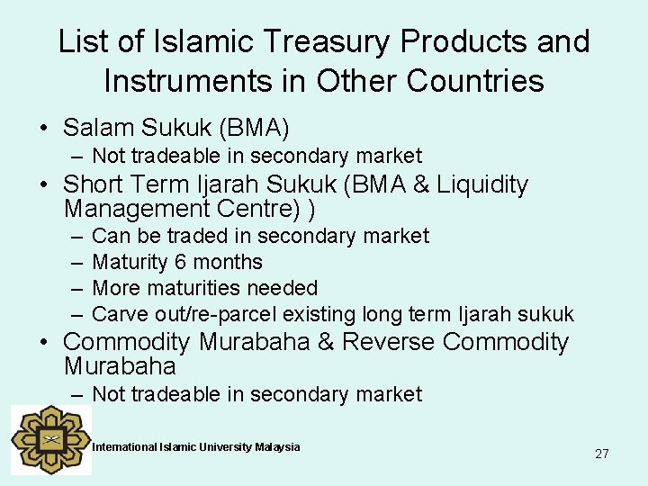 List of Islamic Treasury Products and Instruments in Other Countries • Salam Sukuk (BMA)