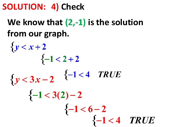 SOLUTION: 4) Check We know that (2, -1) is the solution from our graph.