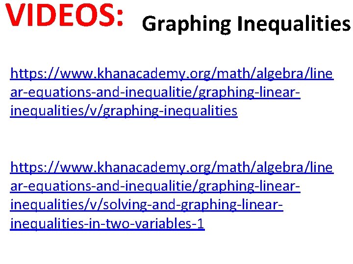 VIDEOS: Graphing Inequalities https: //www. khanacademy. org/math/algebra/line ar-equations-and-inequalitie/graphing-linearinequalities/v/graphing-inequalities https: //www. khanacademy. org/math/algebra/line ar-equations-and-inequalitie/graphing-linearinequalities/v/solving-and-graphing-linearinequalities-in-two-variables-1 