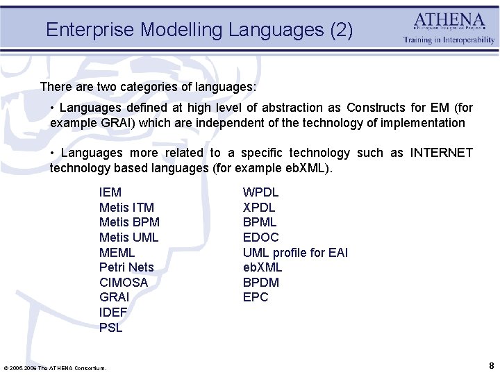 Enterprise Modelling Languages (2) There are two categories of languages: • Languages defined at