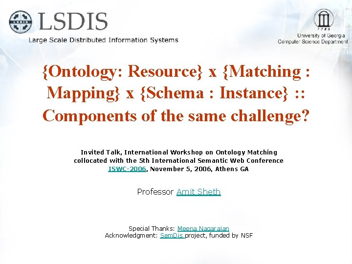 {Ontology: Resource} x {Matching : Mapping} x {Schema : Instance} : : Components of