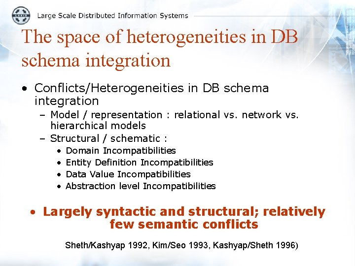 The space of heterogeneities in DB schema integration • Conflicts/Heterogeneities in DB schema integration