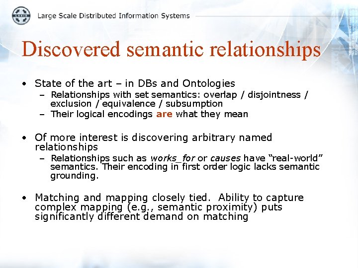 Discovered semantic relationships • State of the art – in DBs and Ontologies –