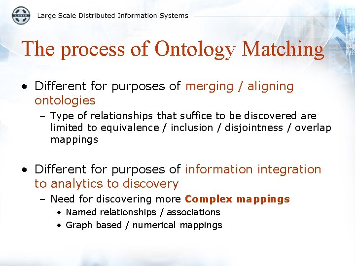 The process of Ontology Matching • Different for purposes of merging / aligning ontologies